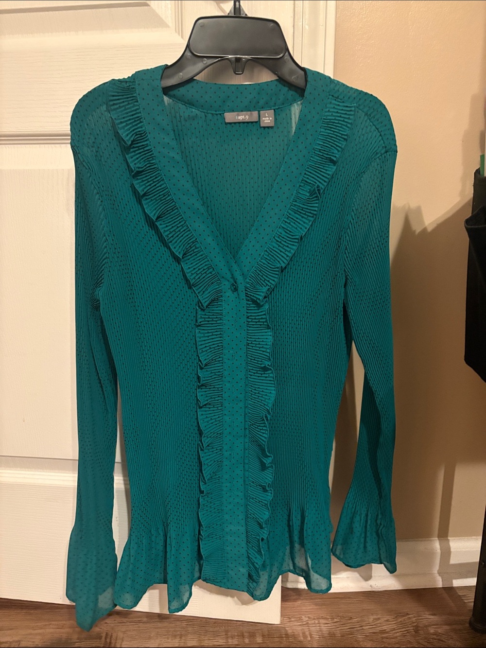 Apt. 9 Teal Ruffle V-Neck Long Sleeve Blouse
